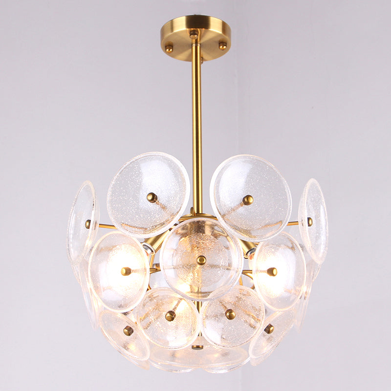 Clear Glass Disc Chandelier Lighting Triple Light Post Modern Hanging Lamp in Gold Finish Clearhalo 'Ceiling Lights' 'Chandeliers' 'Glass shade' 'Glass' 'Modern Chandeliers' 'Modern' 'Pendant Lights' Lighting' 1886143