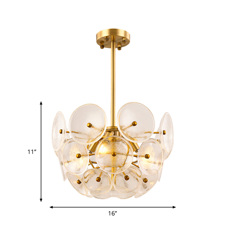 Clear Glass Disc Chandelier Lighting Triple Light Post Modern Hanging Lamp in Gold Finish Clearhalo 'Ceiling Lights' 'Chandeliers' 'Glass shade' 'Glass' 'Modern Chandeliers' 'Modern' 'Pendant Lights' Lighting' 1886144