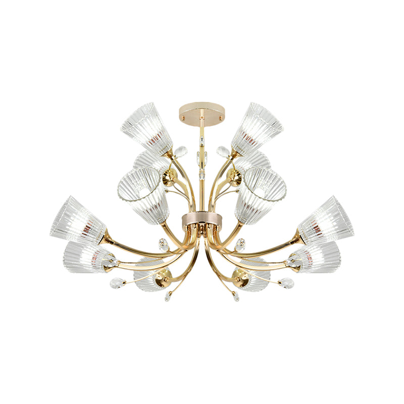 Ribbed Glass Tapered Shade Chandelier Hotel 12 Lights Crystal Accent Hanging Lighting in Gold Clearhalo 'Ceiling Lights' 'Chandeliers' 'Modern Chandeliers' 'Modern' Lighting' 1886526