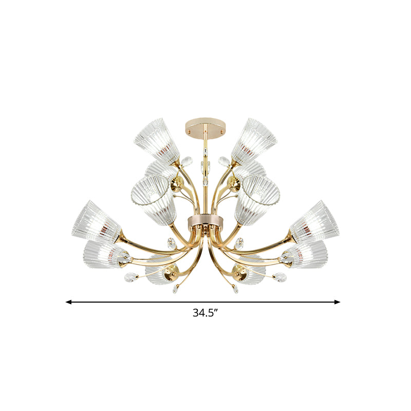 Ribbed Glass Tapered Shade Chandelier Hotel 12 Lights Crystal Accent Hanging Lighting in Gold Clearhalo 'Ceiling Lights' 'Chandeliers' 'Modern Chandeliers' 'Modern' Lighting' 1886527