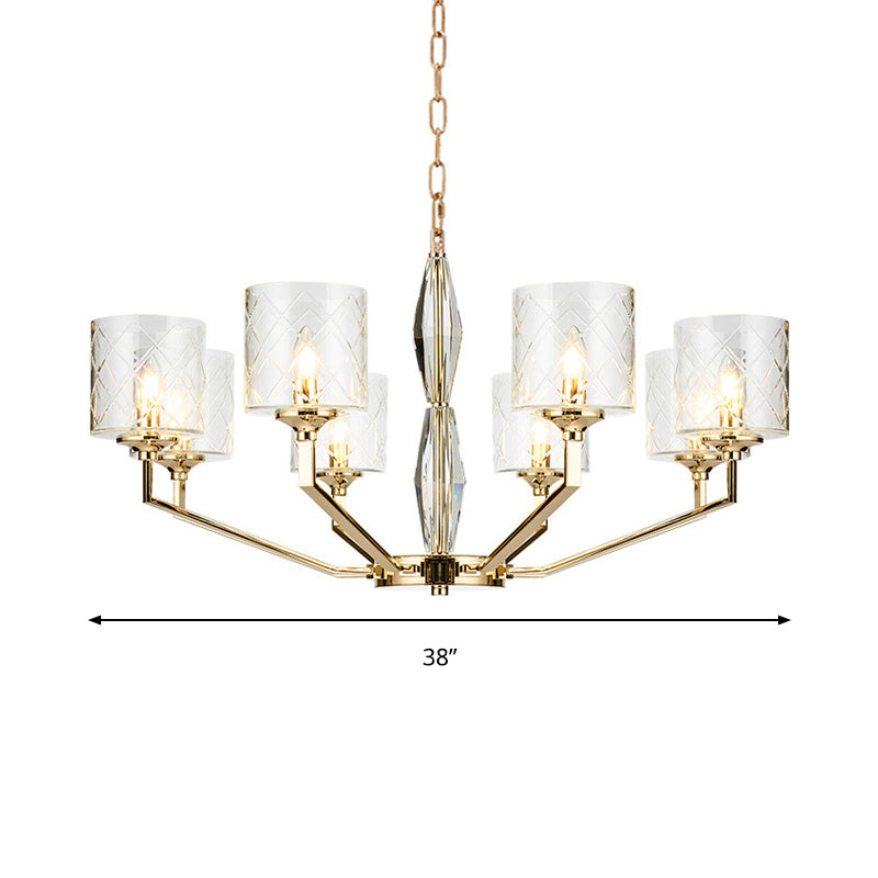 Grid Cylinder Shade Chandelier Elegant Style Metallic Ceiling Pendant in Gold for Study Room Clearhalo 'Ceiling Lights' 'Chandeliers' 'Modern Chandeliers' 'Modern' Lighting' 188885