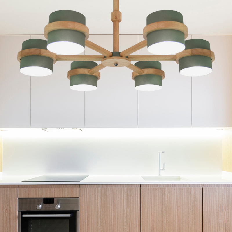 Nordic Cylindrical Shade Chandelier Six Lights Wood Ceiling Pendant for Foyer Cloth Shop Clearhalo 'Ceiling Lights' 'Chandeliers' Lighting' options 188994