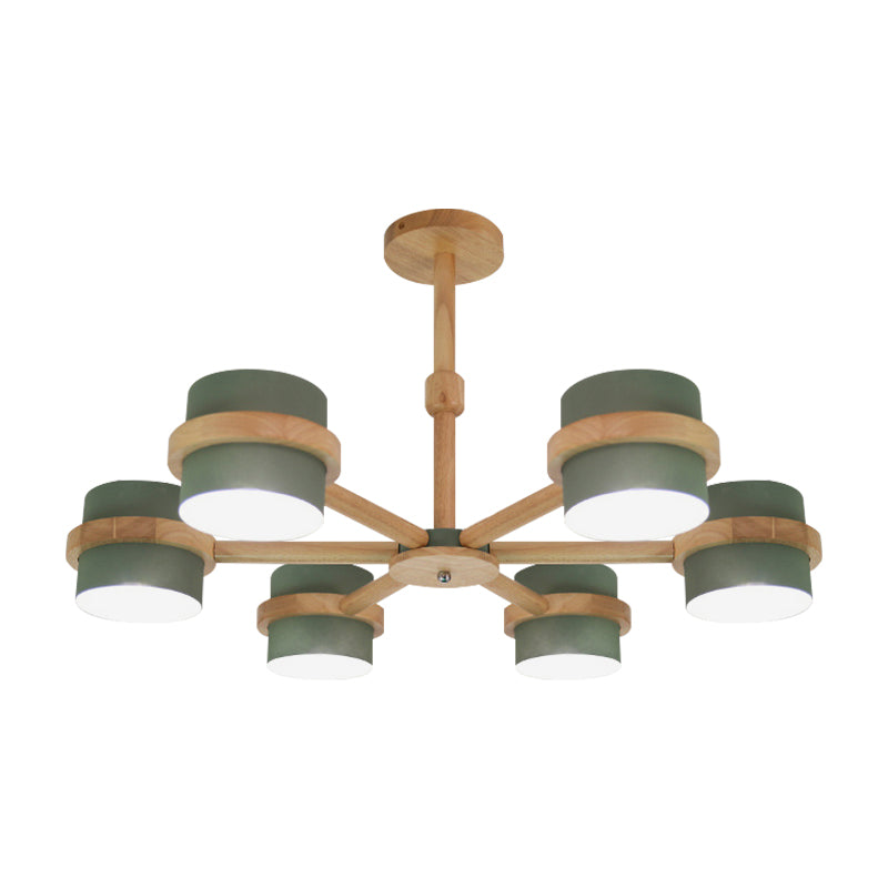 Nordic Cylindrical Shade Chandelier Six Lights Wood Ceiling Pendant for Foyer Cloth Shop Clearhalo 'Ceiling Lights' 'Chandeliers' Lighting' options 188995