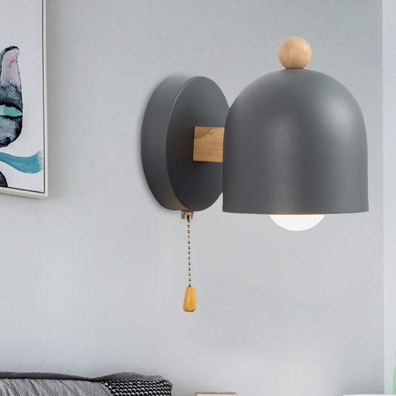 Nordic Small Dome Pull-Chain Wall Lamp Iron 1 Bulb Bedroom Wall Mount Lighting in Grey with Wood Detail Grey Clearhalo 'Cast Iron' 'Glass' 'Industrial' 'Modern wall lights' 'Modern' 'Tiffany' 'Traditional wall lights' 'Wall Lamps & Sconces' 'Wall Lights' Lighting' 1890564