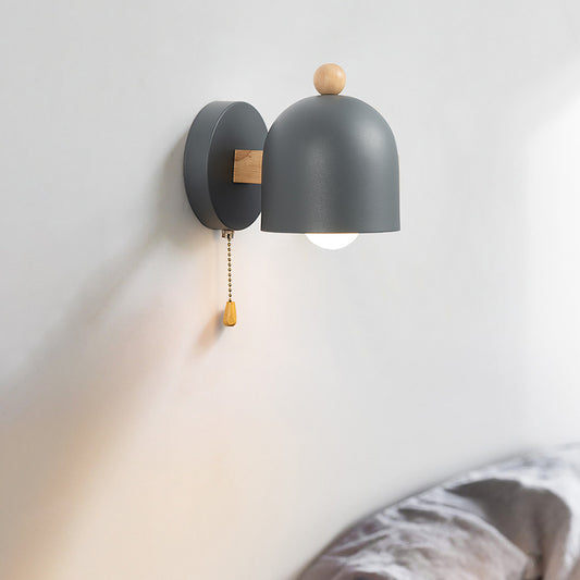 Nordic Small Dome Pull-Chain Wall Lamp Iron 1 Bulb Bedroom Wall Mount Lighting in Grey with Wood Detail - Clearhalo - 'Cast Iron' - 'Glass' - 'Industrial' - 'Modern wall lights' - 'Modern' - 'Tiffany' - 'Traditional wall lights' - 'Wall Lamps & Sconces' - 'Wall Lights' - Lighting' - 1890565