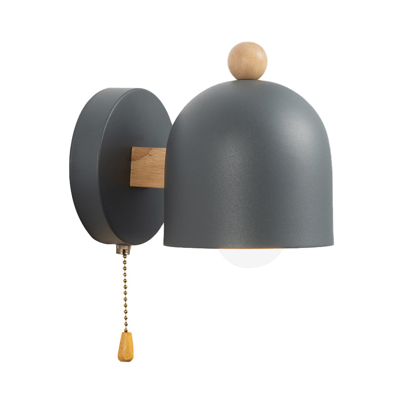 Nordic Small Dome Pull-Chain Wall Lamp Iron 1 Bulb Bedroom Wall Mount Lighting in Grey with Wood Detail Clearhalo 'Cast Iron' 'Glass' 'Industrial' 'Modern wall lights' 'Modern' 'Tiffany' 'Traditional wall lights' 'Wall Lamps & Sconces' 'Wall Lights' Lighting' 1890566
