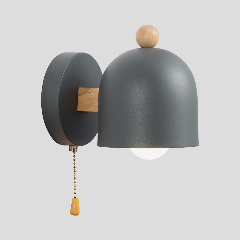 Nordic Small Dome Pull-Chain Wall Lamp Iron 1 Bulb Bedroom Wall Mount Lighting in Grey with Wood Detail Clearhalo 'Cast Iron' 'Glass' 'Industrial' 'Modern wall lights' 'Modern' 'Tiffany' 'Traditional wall lights' 'Wall Lamps & Sconces' 'Wall Lights' Lighting' 1890567