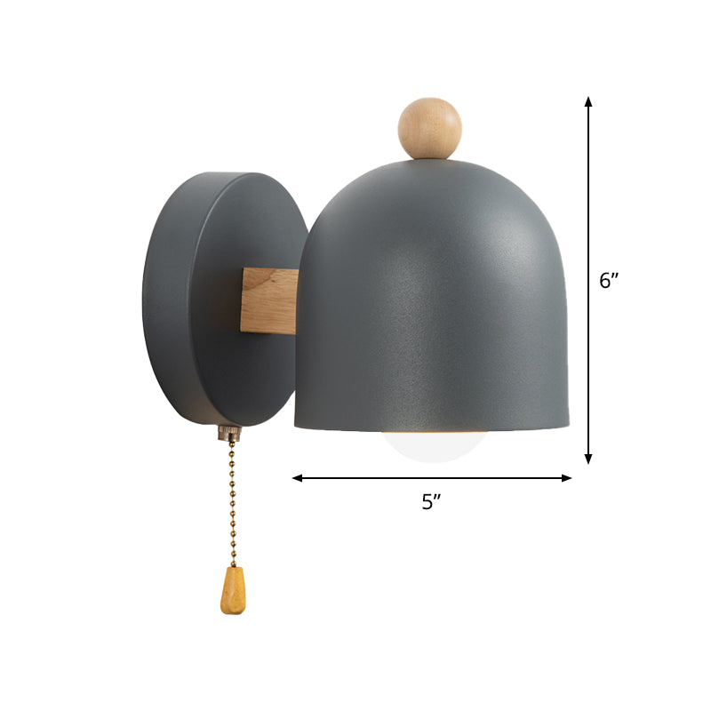 Nordic Small Dome Pull-Chain Wall Lamp Iron 1 Bulb Bedroom Wall Mount Lighting in Grey with Wood Detail Clearhalo 'Cast Iron' 'Glass' 'Industrial' 'Modern wall lights' 'Modern' 'Tiffany' 'Traditional wall lights' 'Wall Lamps & Sconces' 'Wall Lights' Lighting' 1890568
