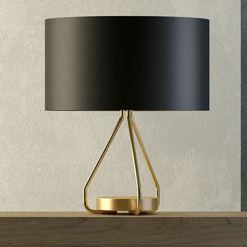 Brass Open Cage Night Lamp Vintage 1-Light Metal Table Lighting with Drum Fabric Shade Black Clearhalo 'Lamps' 'Table Lamps' Lighting' 1890569