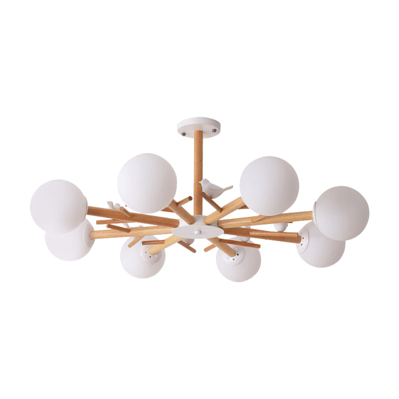 White Globe Shade Chandelier Rustic Style Wood Pendant Light with Bird for Dining Room Clearhalo 'Ceiling Lights' 'Chandeliers' Lighting' options 189065
