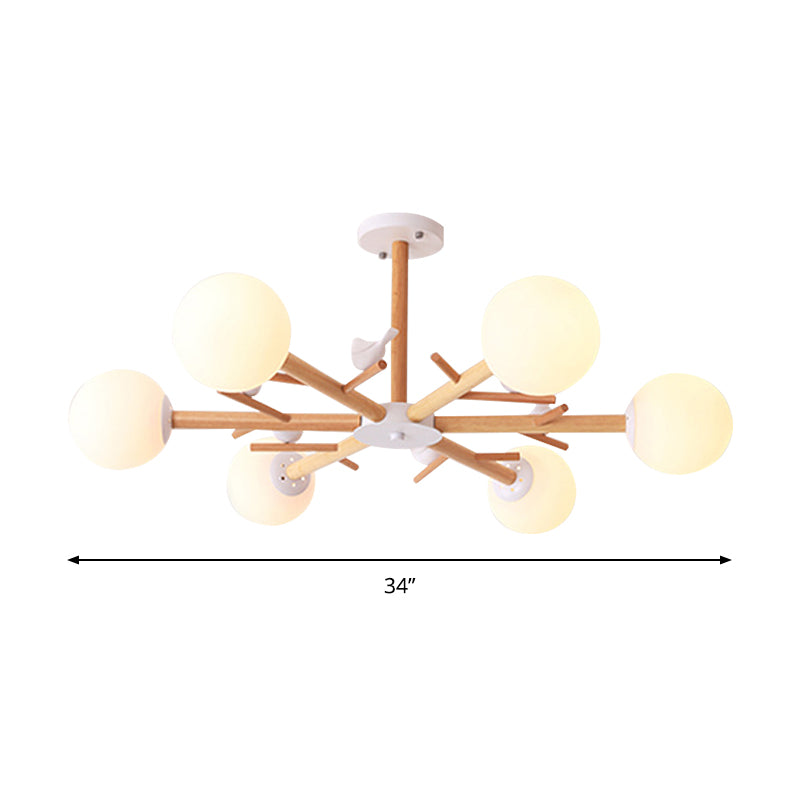 White Globe Shade Chandelier Rustic Style Wood Pendant Light with Bird for Dining Room Clearhalo 'Ceiling Lights' 'Chandeliers' Lighting' options 189076