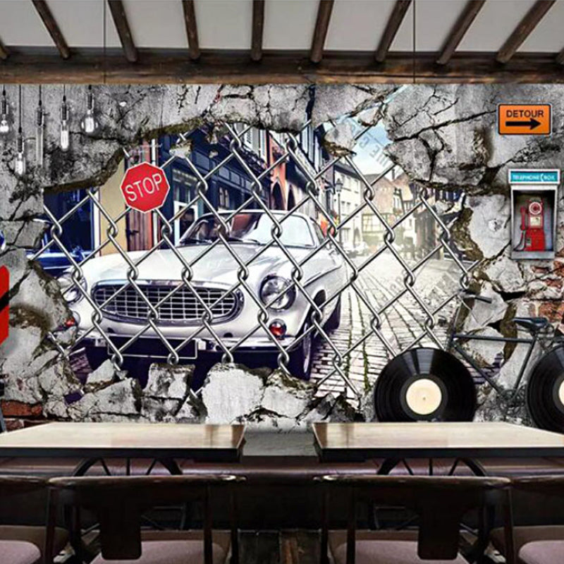 Decorative 3D Visual Wall Mural Non-Woven Fabric Retro Wall Covering for Living Room Gray-White Clearhalo 'Wall Decor' 'Wall Mural' 1892148