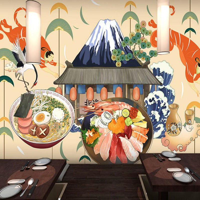 Giant Illustration Sushi Wall Art for Japanese Restaurant in Beige, Made to Measure Beige Clearhalo 'Wall Decor' 'Wall Mural' 1892152