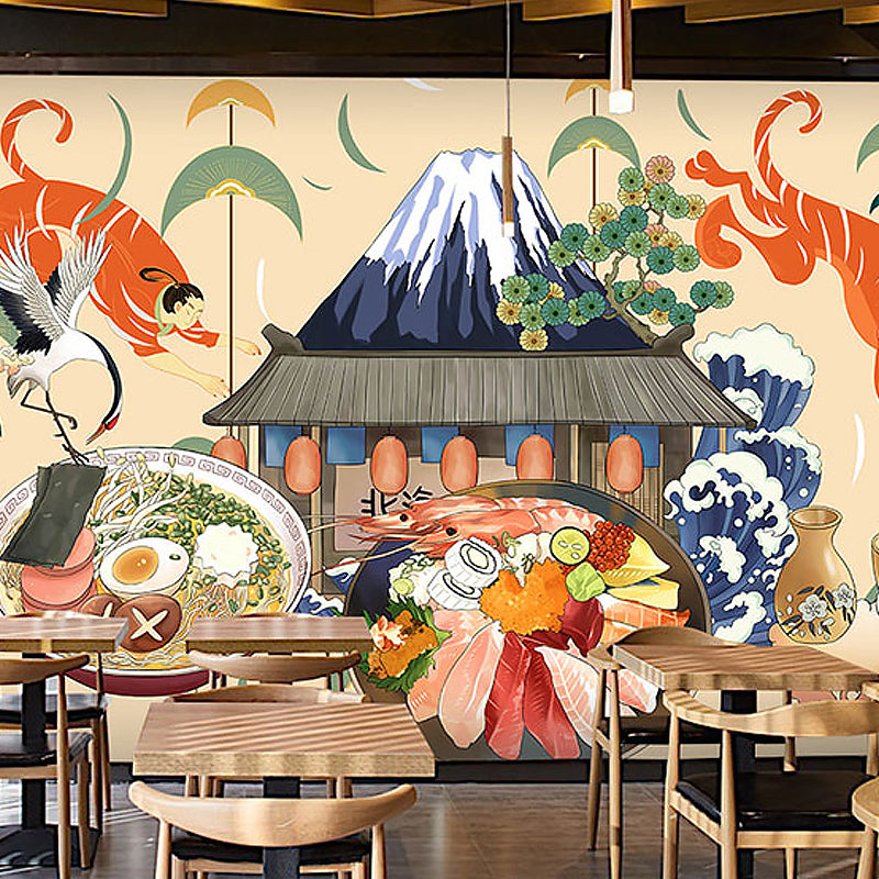 Giant Illustration Sushi Wall Art for Japanese Restaurant in Beige, Made to Measure Clearhalo 'Wall Decor' 'Wall Mural' 1892153