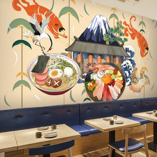 Giant Illustration Sushi Wall Art for Japanese Restaurant in Beige, Made to Measure Clearhalo 'Wall Decor' 'Wall Mural' 1892154