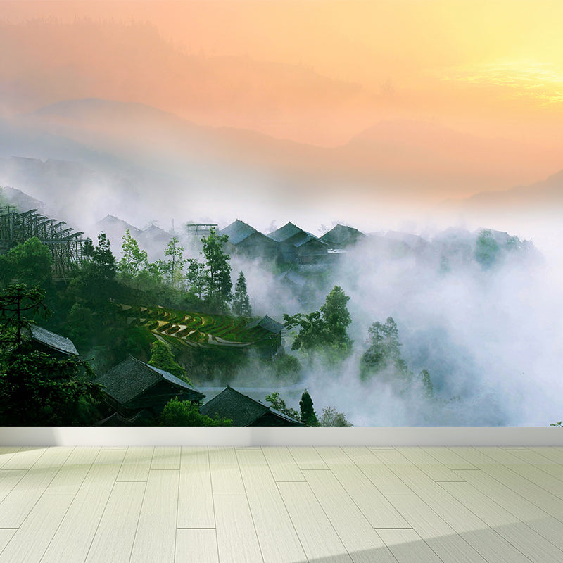 Misty Forest Landscape Wallpaper Mural Contemporary Smooth Wall Covering in Dark Color Light Orange Clearhalo 'Wall Decor' 'Wall Mural' 1895838