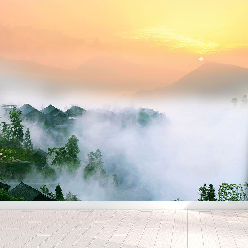 Misty Forest Landscape Wallpaper Mural Contemporary Smooth Wall Covering in Dark Color Clearhalo 'Wall Decor' 'Wall Mural' 1895839