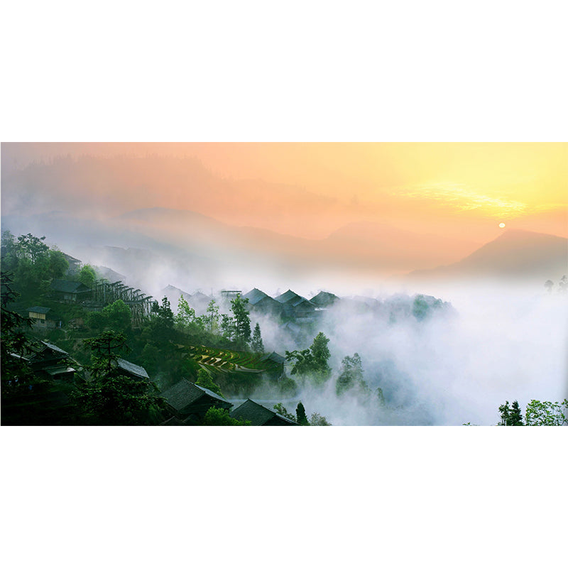 Misty Forest Landscape Wallpaper Mural Contemporary Smooth Wall Covering in Dark Color Clearhalo 'Wall Decor' 'Wall Mural' 1895841