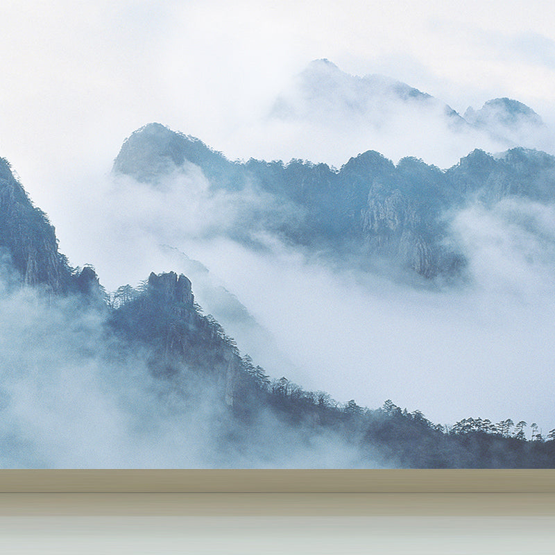 Misty Forest Landscape Wallpaper Mural Contemporary Smooth Wall Covering in Dark Color White Clearhalo 'Wall Decor' 'Wall Mural' 1895848