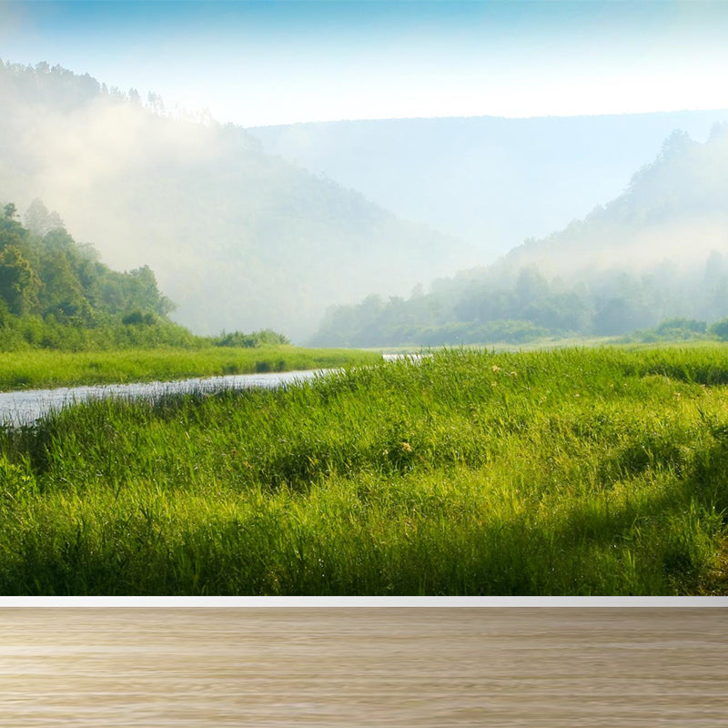 Misty Forest Landscape Wallpaper Mural Contemporary Smooth Wall Covering in Dark Color Green Clearhalo 'Wall Decor' 'Wall Mural' 1895853