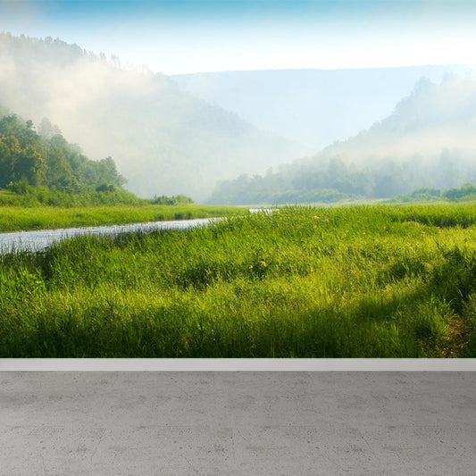 Misty Forest Landscape Wallpaper Mural Contemporary Smooth Wall Covering in Dark Color