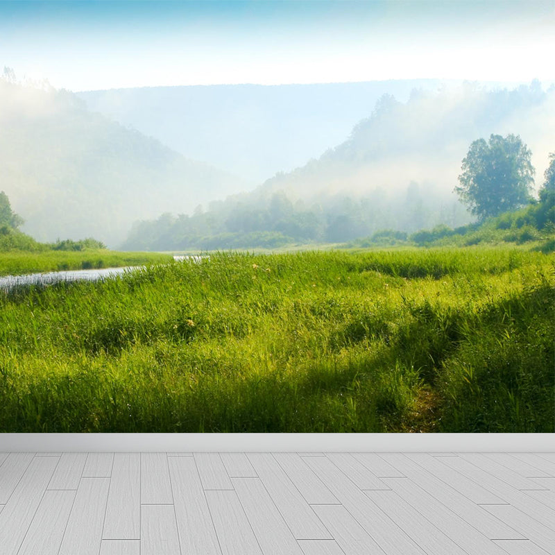 Misty Forest Landscape Wallpaper Mural Contemporary Smooth Wall Covering in Dark Color Clearhalo 'Wall Decor' 'Wall Mural' 1895855