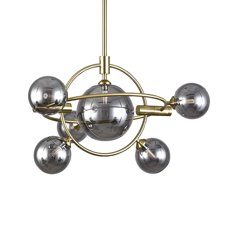 Gold Concentric Ring Pendant Light with Sphere Shade Amber/Clear/Smoke Glass Contemporary Chandelier for Living Room Clearhalo 'Ceiling Lights' 'Chandeliers' 'Clear' 'Glass shade' 'Glass' 'Industrial' 'Modern Chandeliers' 'Modern' 'Tiffany' 'Traditional Chandeliers' Lighting' 189588