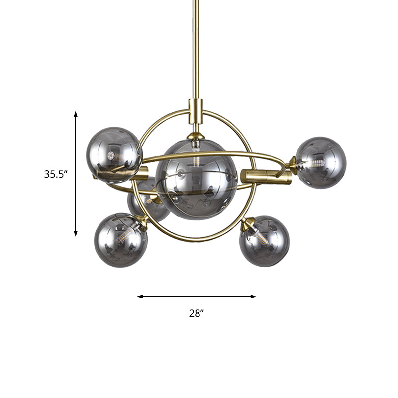 Gold Concentric Ring Pendant Light with Sphere Shade Amber/Clear/Smoke Glass Contemporary Chandelier for Living Room Clearhalo 'Ceiling Lights' 'Chandeliers' 'Clear' 'Glass shade' 'Glass' 'Industrial' 'Modern Chandeliers' 'Modern' 'Tiffany' 'Traditional Chandeliers' Lighting' 189589
