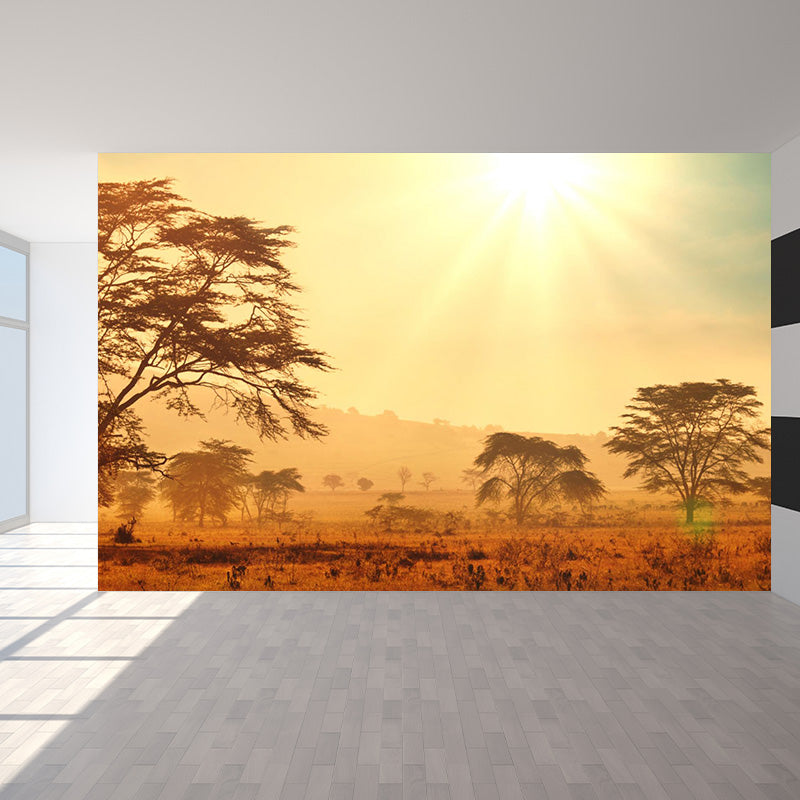 Cloudy Forest Landscape Mural Decal Contemporary Non-Woven Wall Covering in Soft Color Yellow Clearhalo 'Wall Decor' 'Wall Mural' 1895913