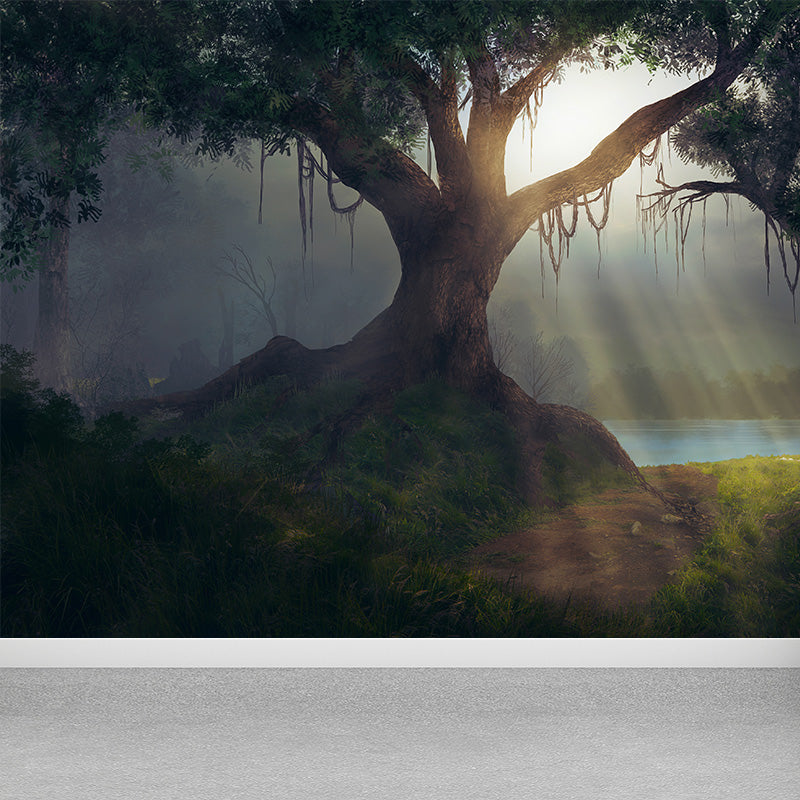 Cloudy Forest Landscape Mural Decal Contemporary Non-Woven Wall Covering in Soft Color Clearhalo 'Wall Decor' 'Wall Mural' 1895924