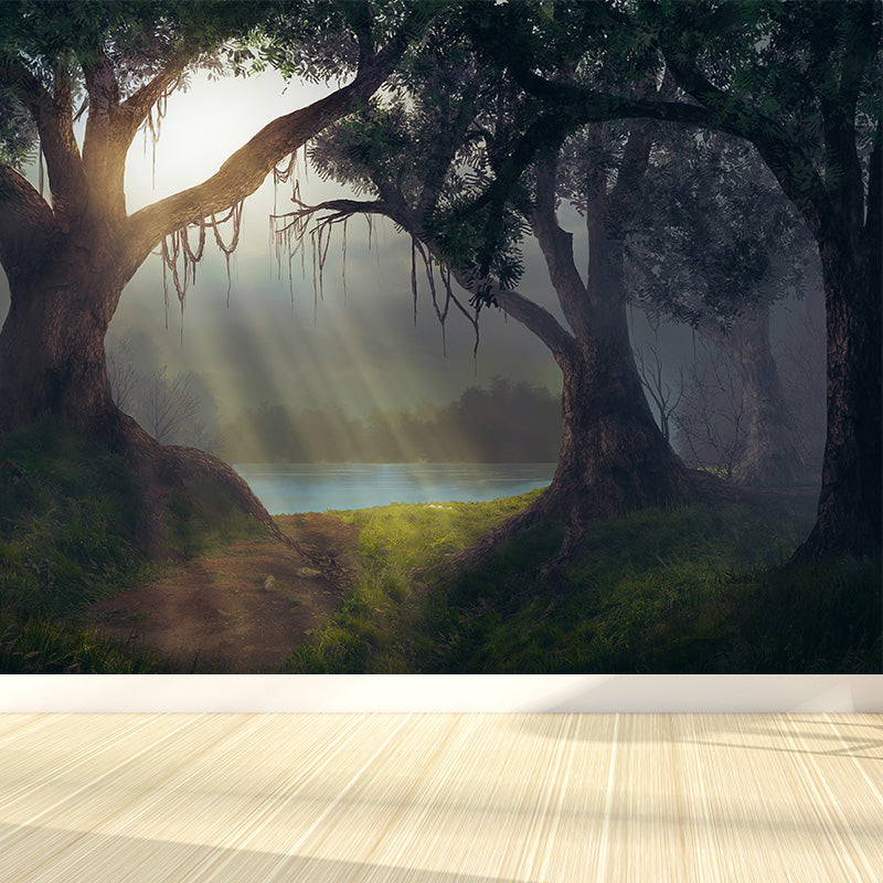 Cloudy Forest Landscape Mural Decal Contemporary Non-Woven Wall Covering in Soft Color Clearhalo 'Wall Decor' 'Wall Mural' 1895925