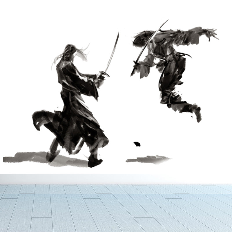 Ink Painting Knight Wall Mural Chinese Non-Woven Wall Art in Black for Boys Room Black Design 1 Clearhalo 'Wall Decor' 'Wall Mural' 1896083