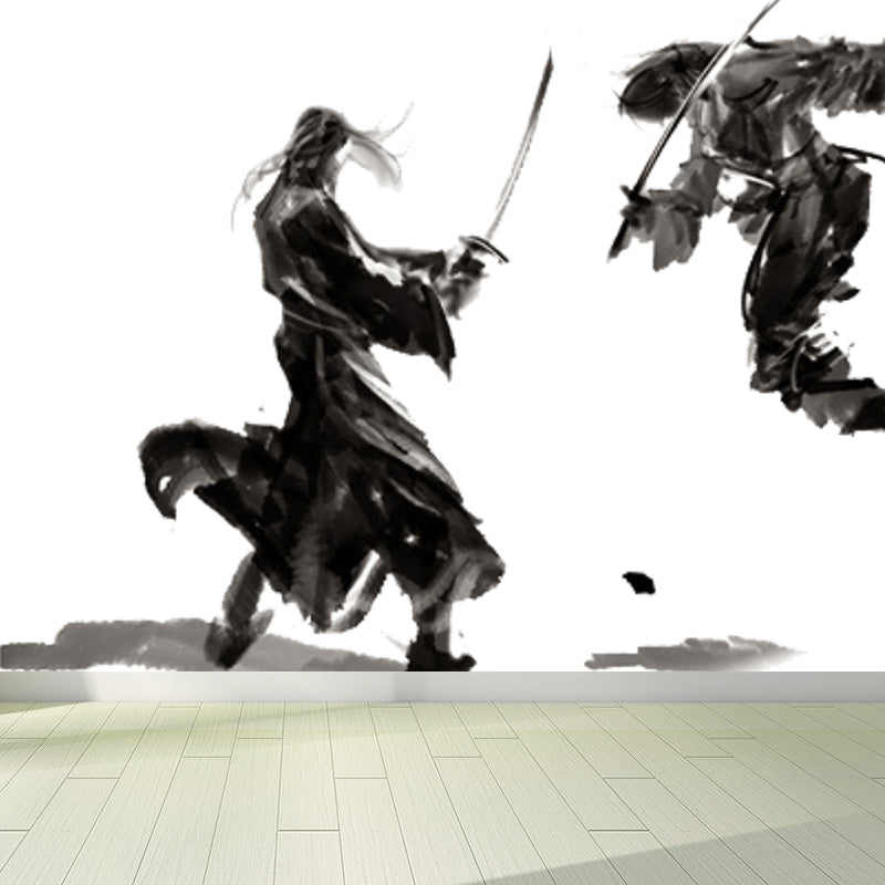 Ink Painting Knight Wall Mural Chinese Non-Woven Wall Art in Black for Boys Room Clearhalo 'Wall Decor' 'Wall Mural' 1896084