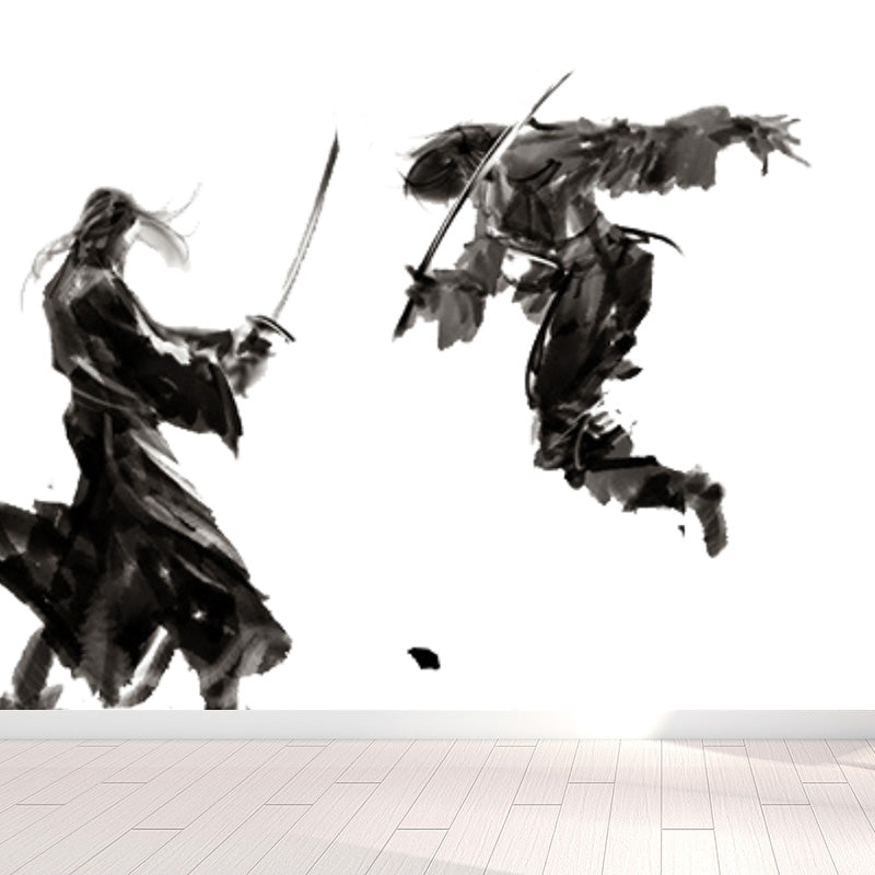 Ink Painting Knight Wall Mural Chinese Non-Woven Wall Art in Black for Boys Room Clearhalo 'Wall Decor' 'Wall Mural' 1896085