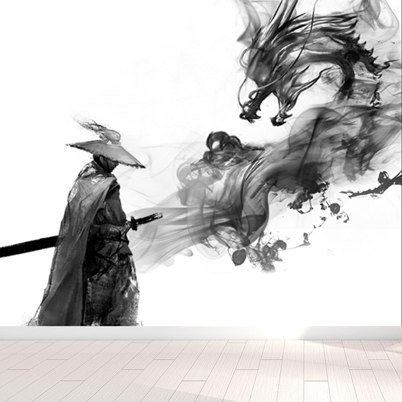 Ink Painting Knight Wall Mural Chinese Non-Woven Wall Art in Black for Boys Room Black Design 2 Clearhalo 'Wall Decor' 'Wall Mural' 1896088