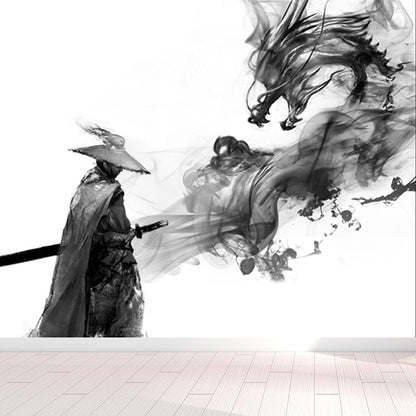 Ink Painting Knight Wall Mural Chinese Non-Woven Wall Art in Black for Boys Room Black Design 2 Clearhalo 'Wall Decor' 'Wall Mural' 1896088