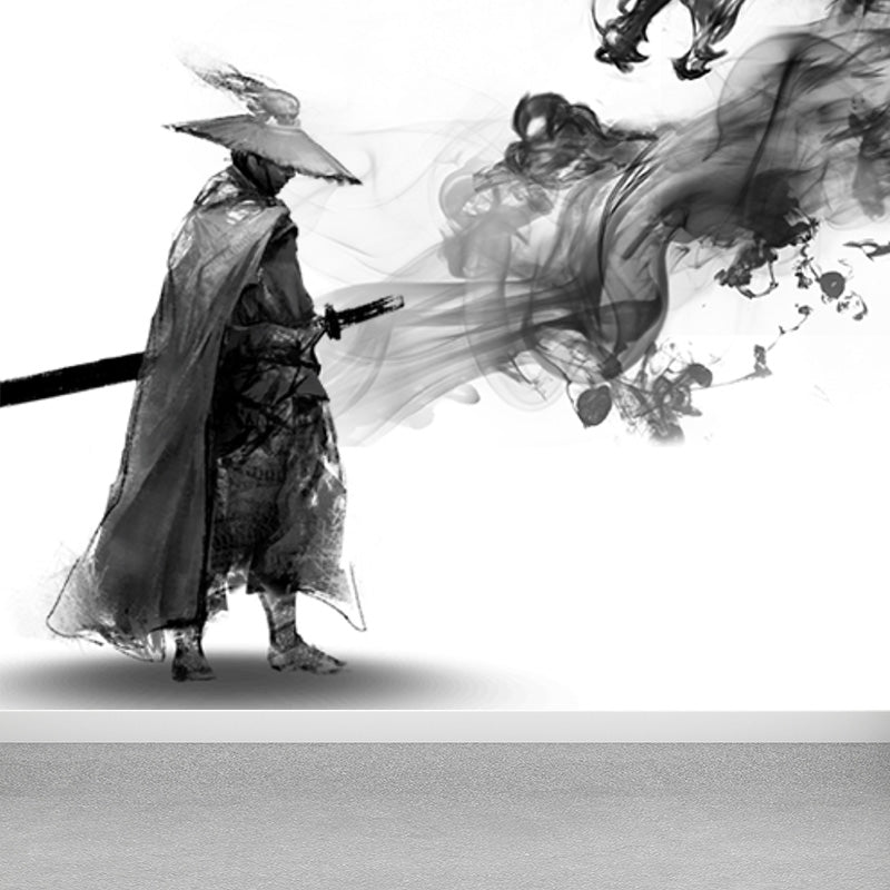 Ink Painting Knight Wall Mural Chinese Non-Woven Wall Art in Black for Boys Room Clearhalo 'Wall Decor' 'Wall Mural' 1896089