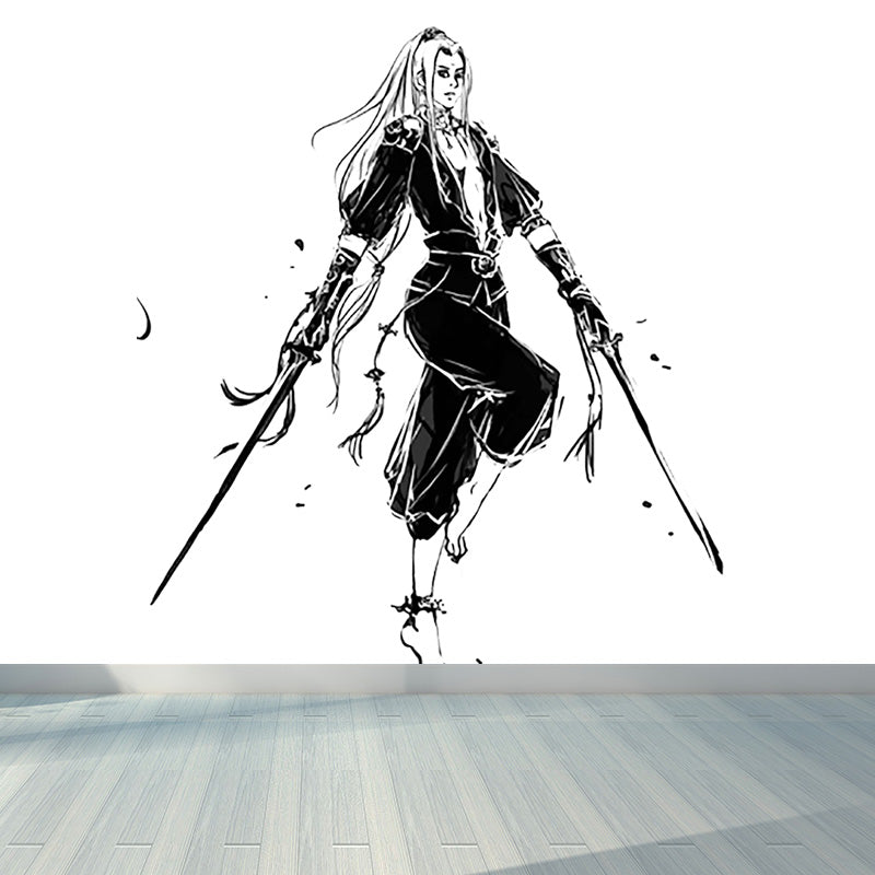 Ink Painting Knight Wall Mural Chinese Non-Woven Wall Art in Black for Boys Room Black Design 3 Clearhalo 'Wall Decor' 'Wall Mural' 1896093