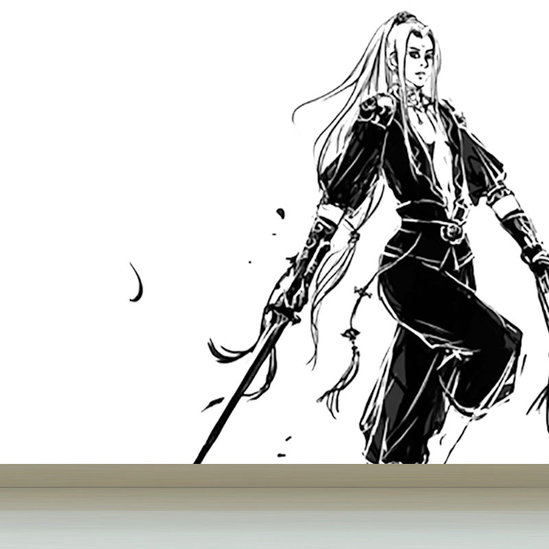 Ink Painting Knight Wall Mural Chinese Non-Woven Wall Art in Black for Boys Room Clearhalo 'Wall Decor' 'Wall Mural' 1896094