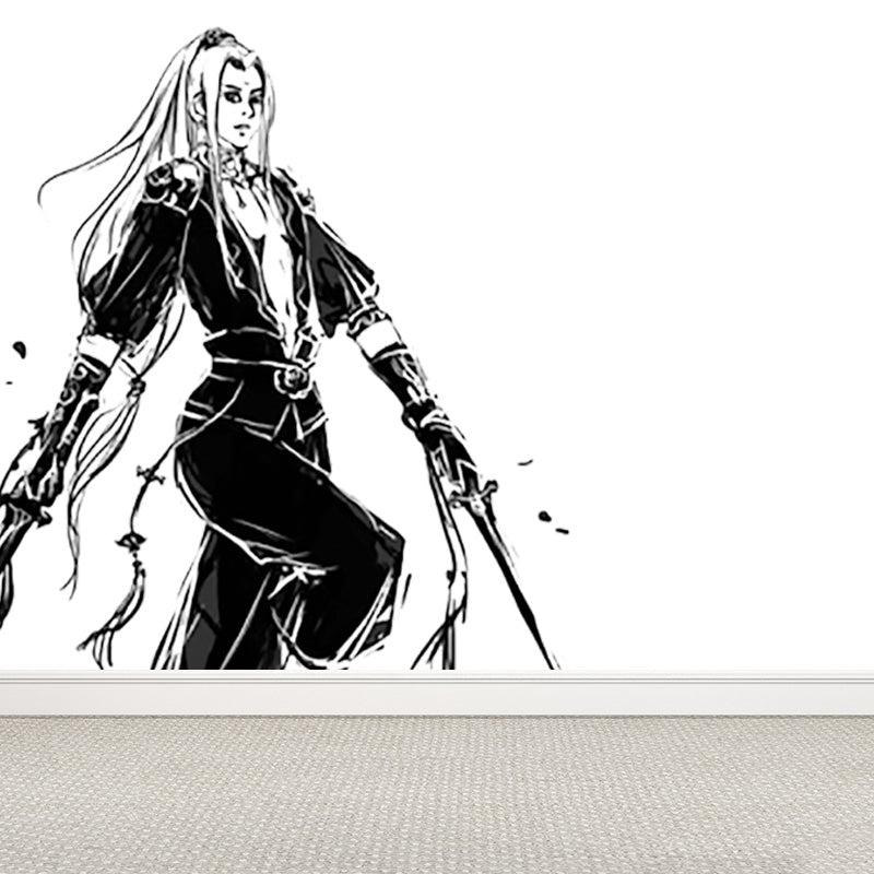 Ink Painting Knight Wall Mural Chinese Non-Woven Wall Art in Black for Boys Room Clearhalo 'Wall Decor' 'Wall Mural' 1896095