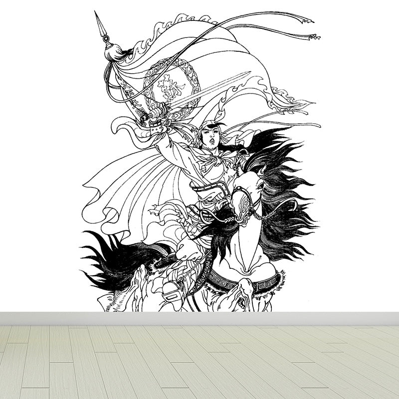 Ink Painting Knight Wall Mural Chinese Non-Woven Wall Art in Black for Boys Room Black Design 4 Clearhalo 'Wall Decor' 'Wall Mural' 1896098