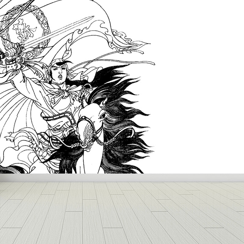 Ink Painting Knight Wall Mural Chinese Non-Woven Wall Art in Black for Boys Room Clearhalo 'Wall Decor' 'Wall Mural' 1896099