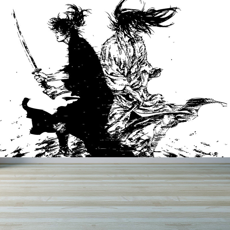 Japanese Martial Samurai Mural Wallpaper Black Stain Resistant Wall Covering for Boys Bedroom Black Design 1 Clearhalo 'Wall Decor' 'Wall Mural' 1896108