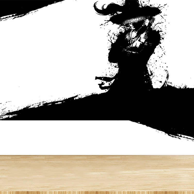 Japanese Martial Samurai Mural Wallpaper Black Stain Resistant Wall Covering for Boys Bedroom Black Design 3 Clearhalo 'Wall Decor' 'Wall Mural' 1896118