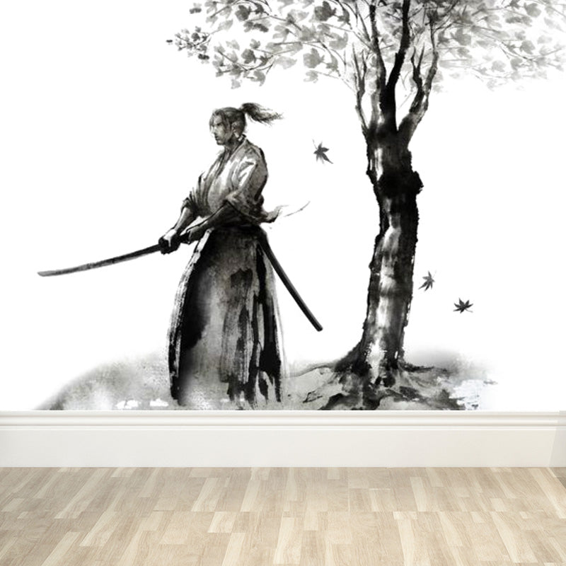 Japanese Martial Samurai Mural Wallpaper Black Stain Resistant Wall Covering for Boys Bedroom Black Design 4 Clearhalo 'Wall Decor' 'Wall Mural' 1896123
