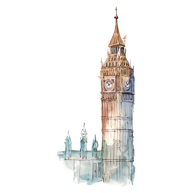 Pastel Watercolor Landmark Wall Mural Architecture Modern Moisture Resistant Wall Decor Clearhalo 'Wall Decor' 'Wall Mural' 1896186