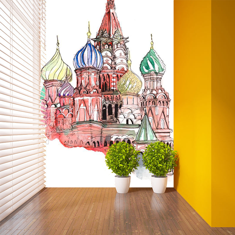 Pastel Watercolor Landmark Wall Mural Architecture Modern Moisture Resistant Wall Decor Pink Clearhalo 'Wall Decor' 'Wall Mural' 1896203