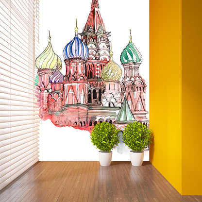 Pastel Watercolor Landmark Wall Mural Architecture Modern Moisture Resistant Wall Decor Pink Clearhalo 'Wall Decor' 'Wall Mural' 1896203