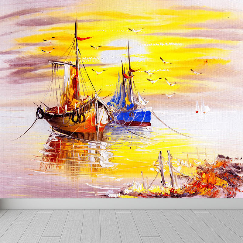 Pastel Nature Scenery Wallpaper Mural Moisture Resistant Classic Living Room Wall Art Yellow Clearhalo 'Wall Decor' 'Wall Mural' 1896608