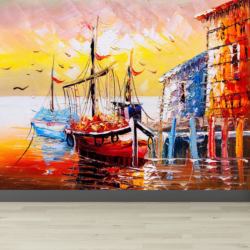 Pastel Nature Scenery Wallpaper Mural Moisture Resistant Classic Living Room Wall Art Orange Clearhalo 'Wall Decor' 'Wall Mural' 1896613